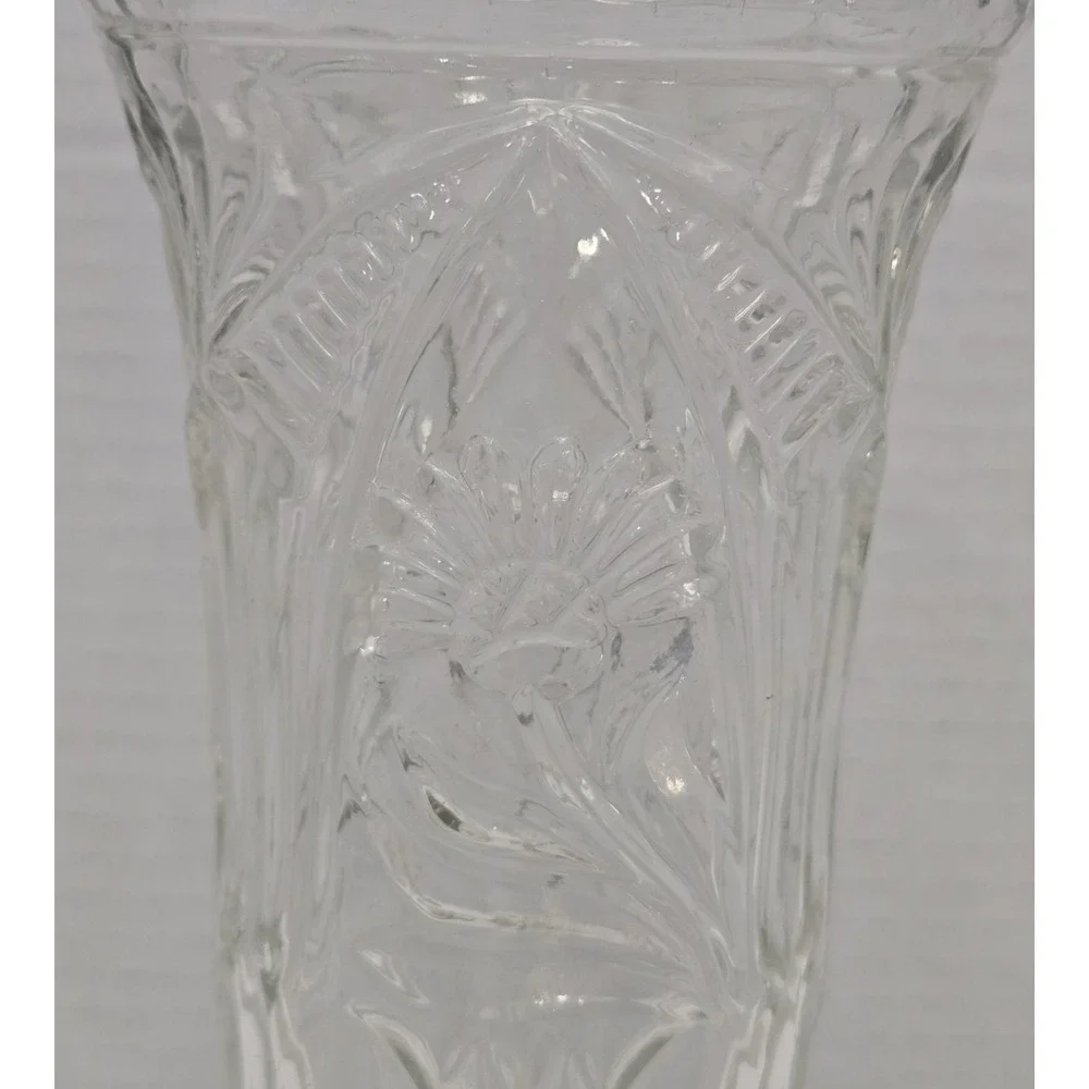 Vtg Clear Pressed Glass Pedestal Vase, Scalloped Fan Diamond Rim Footed Trumpet